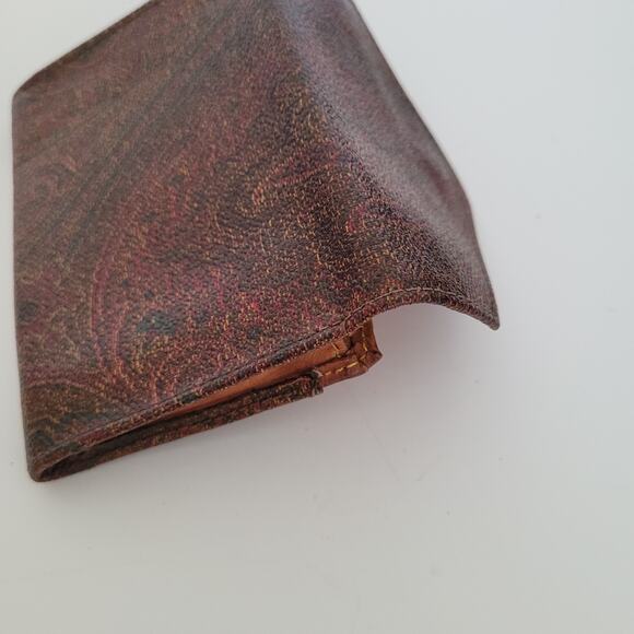 Etro Vintage Brown Paisley Card Small Leather Mini Wallet Compact Logo Italian - Picture 7 of 10